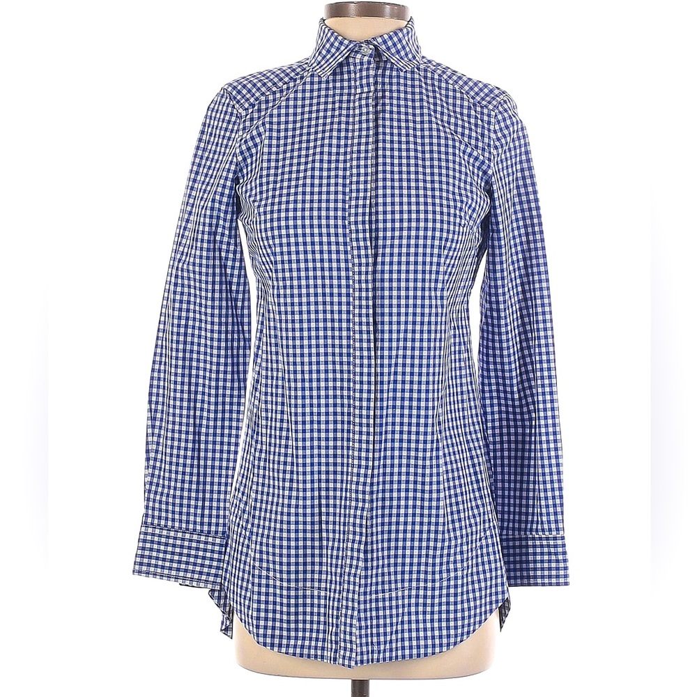 Tyler Boe Gingham Blue White Checkered fitted Shirt Top Blouse